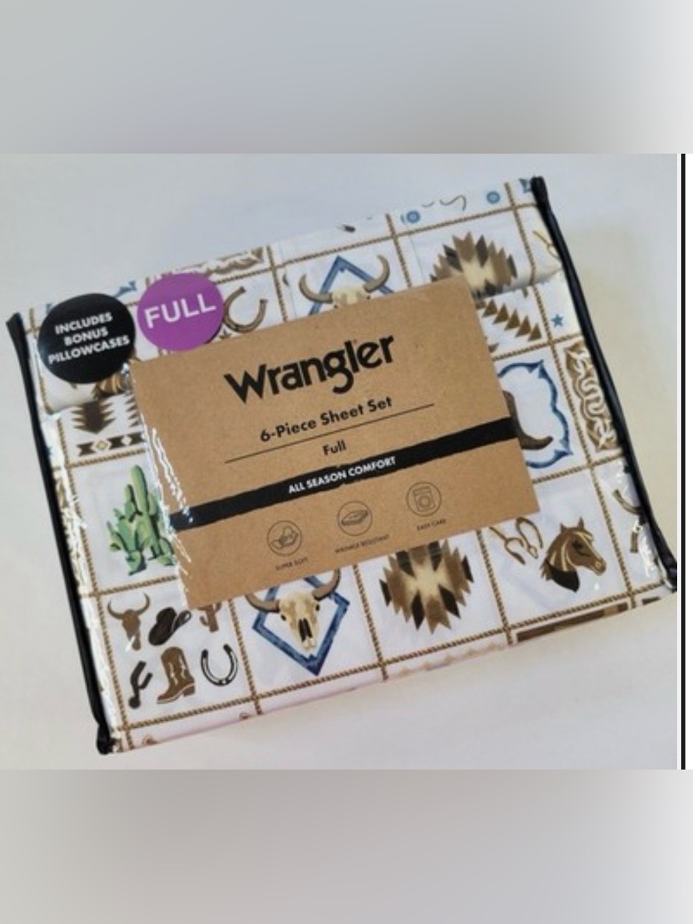 NEW Wrangler White Brown FULL 6pc Sheets Set Western Cowboy Tiles Horses Aztec